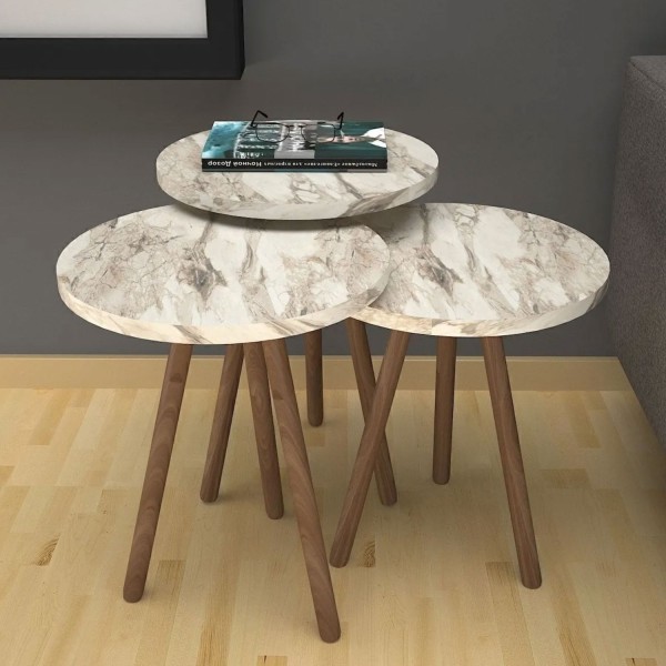 Beistelltisch Set 3'er Holz Marmor Schwarz Weiß Ablagetisch Stehtisch Sofatisch