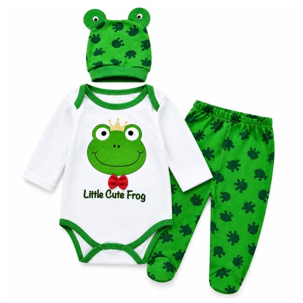 Baby Set Frosch 3-teilig, Baby Body Langarm mit Hose und Mütze, 100 % Baumwolle