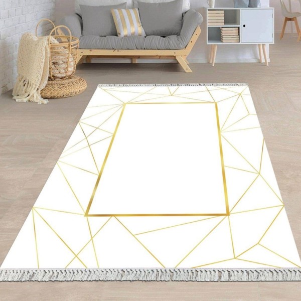 Teppich Stilvoll Flach Waschbar 30°C Antirutsch Teppichläufer Weiß Gold Läufer 6mm