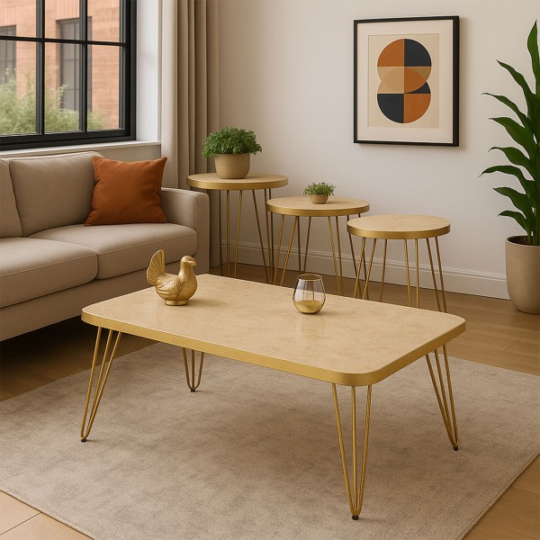 Luxus Couchtisch Set 4-teilig Travertin Creme Gold – Wohnzimmertisch & Beistelltisch