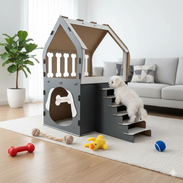 3XL Hundehütte mit Treppe & Balkon aus MDF, Indoor Hundebett Haus Anthrazit / Weiß