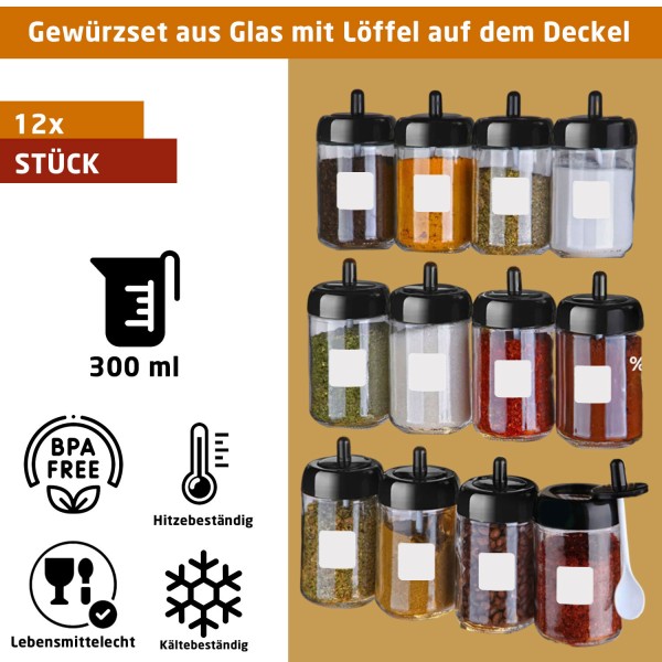 Glas Gewürzbehälter Set Vorratsgläser Vorratsdosen Gewürzdosen mit Deckel+Löffel