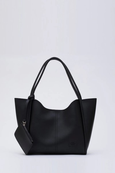 Damen Hand- & Schultertasche mit Geldbörse & Kosmetiktasche – Kunstleder, Schwarz