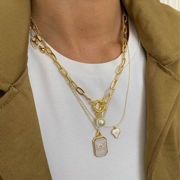 4er Layering Damen Halsketten Set Gold Perle Herz Geschenkbox