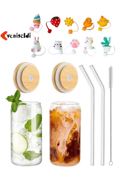 Yenigeldi 2er-Set Bambus-Deckel-Gläser mit Strohhalm & Bürste – 450 ml
