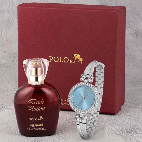 Vintage Kadın Kol Saati Parfüm Bordo Hediyelik Kutsunda Set Gümüş Mavi Renk St-2171S5 Mavi-Gümüş