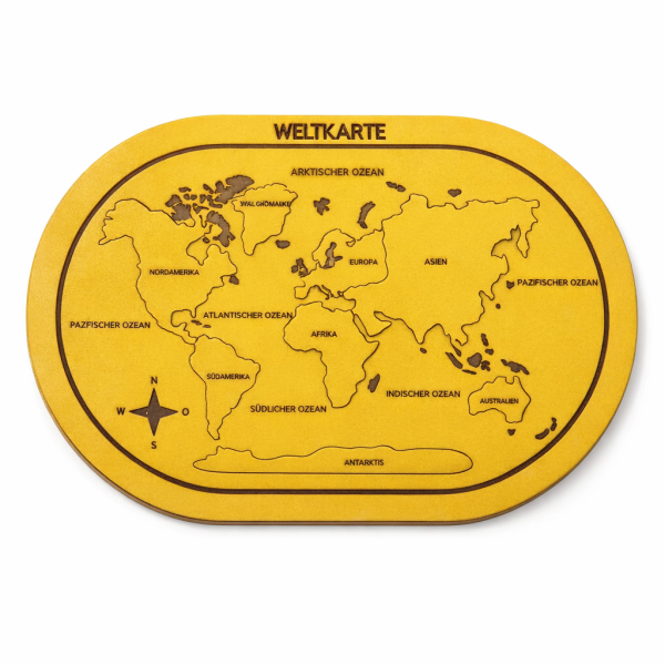 Kinder Puzzle Weltkarte aus MDF 30x21 cm – Lernspiel Holz Kontinente Gelb