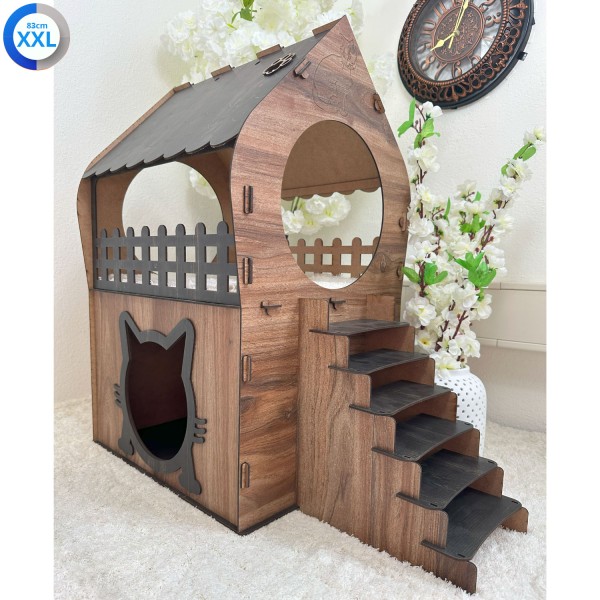 2-stöckiges Katzenhaus aus MDF – Braun & Dunkelbraun – In 3 Größen (XL, XXL, 3XL) – Werkzeugloser Au